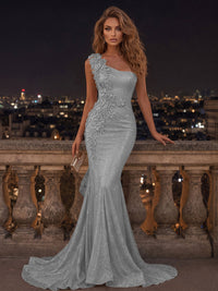 Mermaid/Trumpet One Shoulder Glitter Maxi Evening Dresses with 3D Flowers & Sweep Train