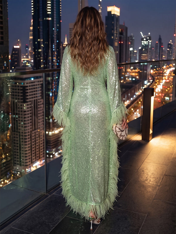 Sheath/Column V-Neck Sparkly Sequin Maxi Evening Dresses with Feather Trim & Slit