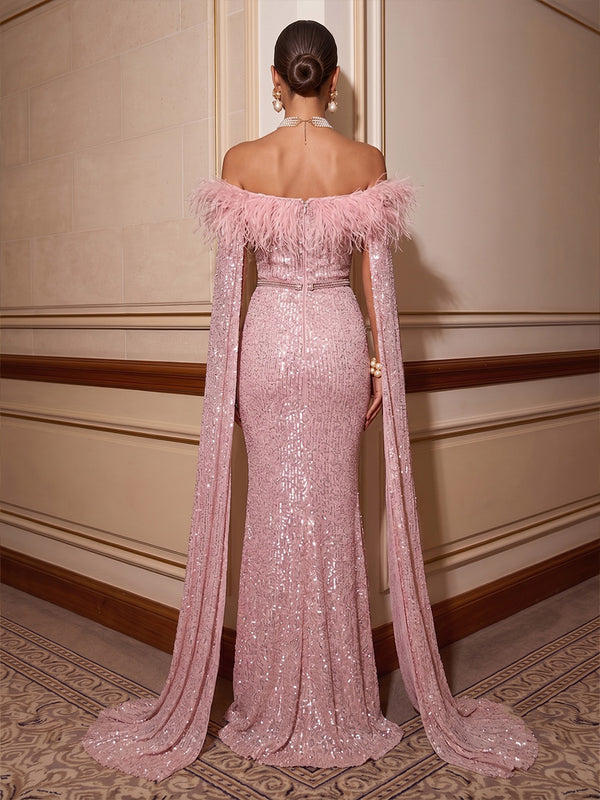 Sheath/Column Off Shoulder Sparkly Sequin Maxi Evening Dresses with Feather Trim & Sash