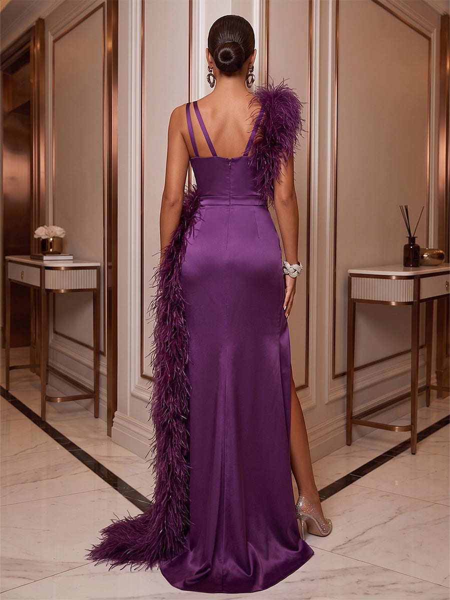 Sheath/Column Spaghetti Straps Satin Maxi Evening Dresses with Feather Trim & Slit