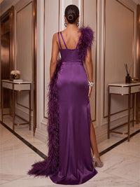 Sheath/Column Spaghetti Straps Satin Maxi Evening Dresses with Feather Trim & Slit