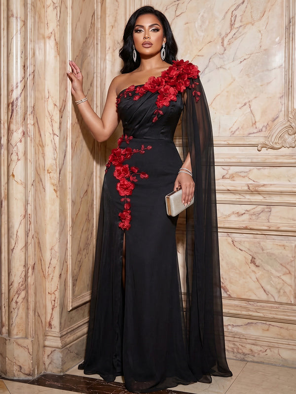 Sheath/Column Chiffon One Shoulder Maxi Ruched Evening Dresses with 3D Flowers, Side Sash & Slit
