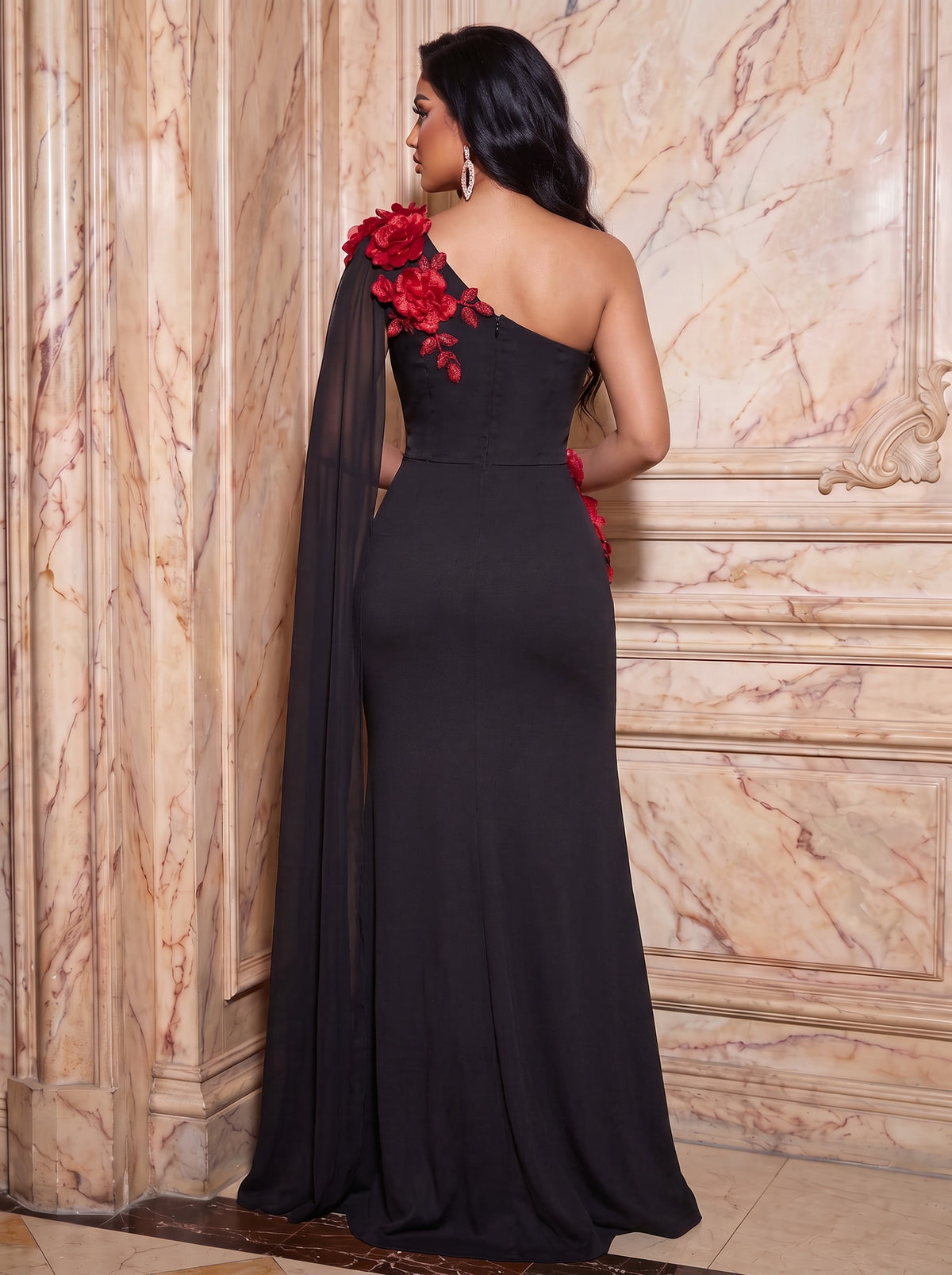 Sheath/Column Chiffon One Shoulder Maxi Ruched Evening Dresses with 3D Flowers, Side Sash & Slit