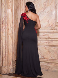 Sheath/Column Chiffon One Shoulder Maxi Ruched Evening Dresses with 3D Flowers, Side Sash & Slit