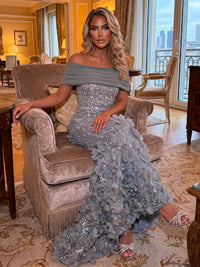 Rhinestones Sheath/Column Off Shoulder Maxi Evening Dresses with 3D Flowers