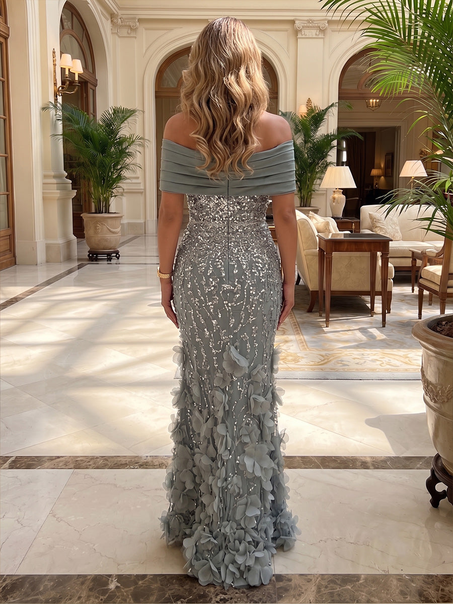 Rhinestones Sheath/Column Off Shoulder Maxi Evening Dresses with 3D Flowers