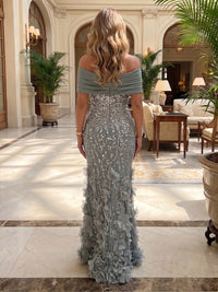 Rhinestones Sheath/Column Off Shoulder Maxi Evening Dresses with 3D Flowers