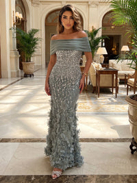 Rhinestones Sheath/Column Off Shoulder Maxi Evening Dresses with 3D Flowers