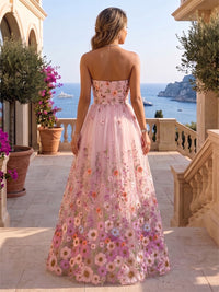 Floral Embroidery A-Line/Princess Strapless Maxi Evening Dresses with Pleats