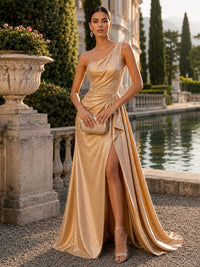 Satin Sheath/Column One Shoulder Maxi Evening Dresses with Scattered Rhinestones & High Slit