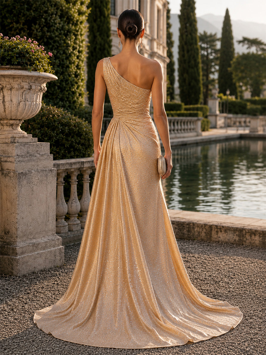 Satin Sheath/Column One Shoulder Maxi Evening Dresses with Scattered Rhinestones & High Slit
