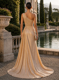 Satin Sheath/Column One Shoulder Maxi Evening Dresses with Scattered Rhinestones & High Slit