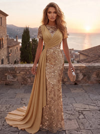Sequin Floral Sheath/Column Scoop Neck Maxi Evening Dresses with Chiffon Sash