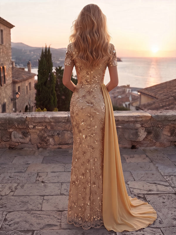 Sequin Floral Sheath/Column Scoop Neck Maxi Evening Dresses with Chiffon Sash