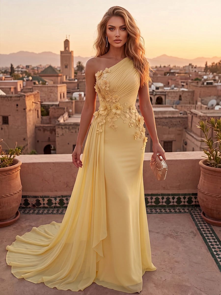 Chiffon Sheath/Column One Shoulder Maxi Evening Dresses with 3D Flowers & Sweep Train