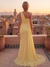 Chiffon Sheath/Column One Shoulder Maxi Evening Dresses with 3D Flowers & Sweep Train