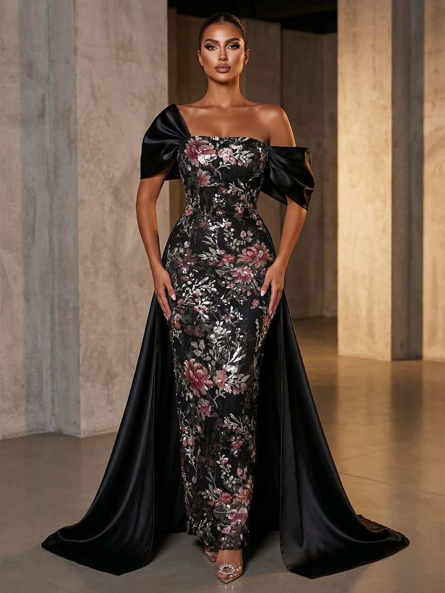 Sequin Floral Sheath/Column Off Shoulder Maxi Evening Dresses with Sweep Train