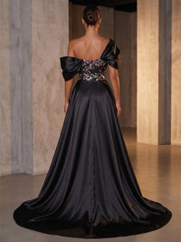 Sequin Floral Sheath/Column Off Shoulder Maxi Evening Dresses with Sweep Train