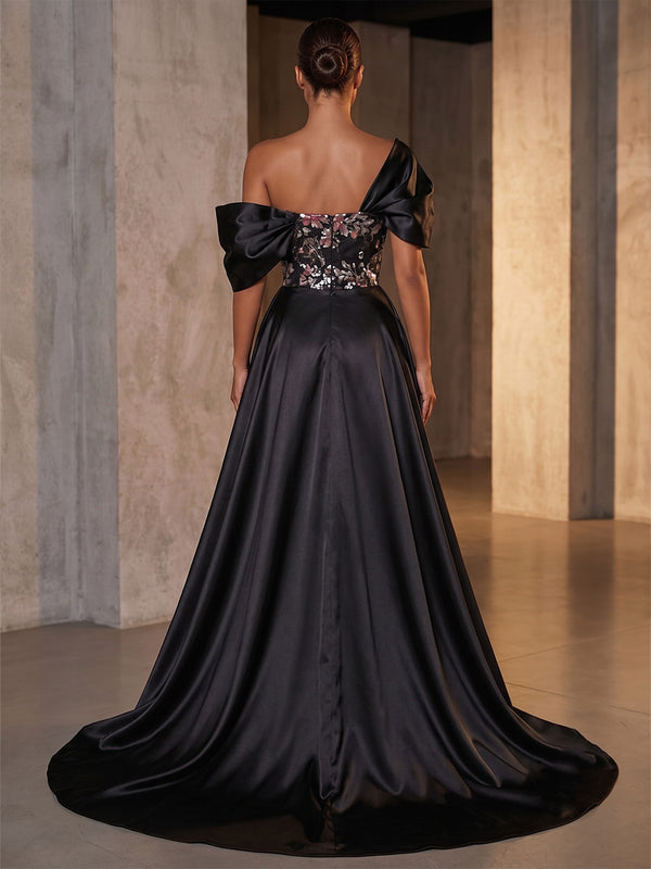 Sequin Floral Sheath/Column Off Shoulder Maxi Evening Dresses with Sweep Train