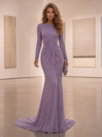 Sequin Mermaid/Trumpet Scoop Neck Maxi Evening Dresses with Ruched Waist & Sweep Train