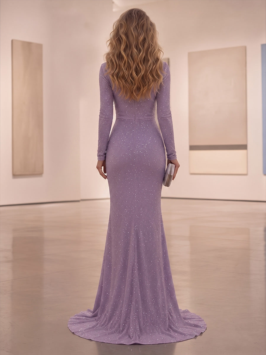 Sequin Mermaid/Trumpet Scoop Neck Maxi Evening Dresses with Ruched Waist & Sweep Train