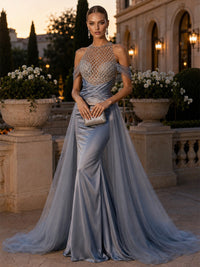 Satin Sheath/Column Off Shoulder Maxi Evening Dresses with Illusion Bust & Tulle Sweep Train