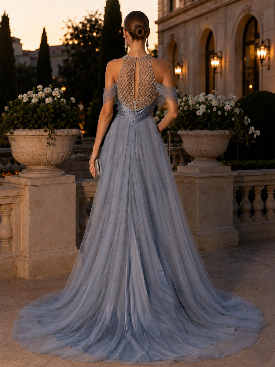 Satin Sheath/Column Off Shoulder Maxi Evening Dresses with Illusion Bust & Tulle Sweep Train