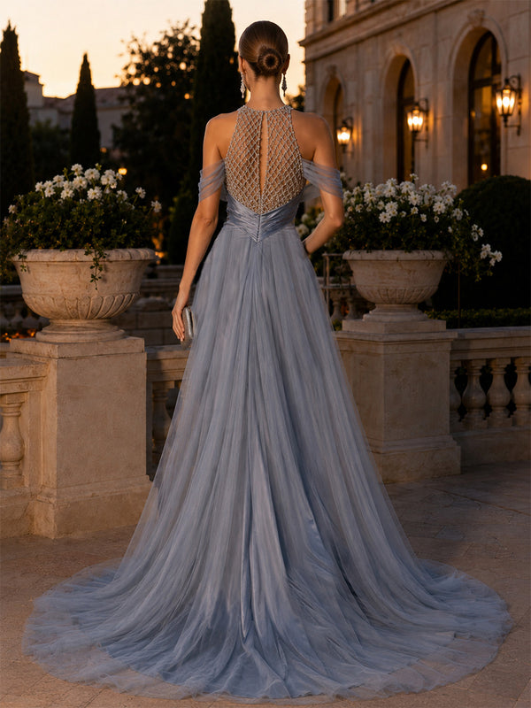 Satin Sheath/Column Off Shoulder Maxi Evening Dresses with Illusion Bust & Tulle Sweep Train