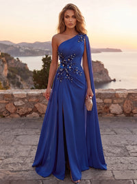 Satin Sheath/Column One Shoulder Maxi Evening Dresses with 3D Flowers & Ruched Waist
