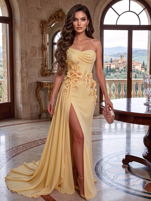 Chiffon Sheath/Column One Shoulder Maxi Evening Dresses with 3D Flowers & Slit