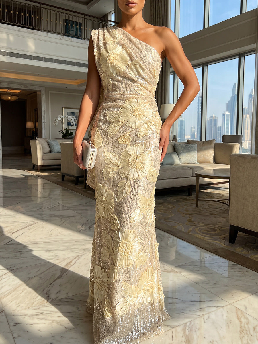 Sequin Sheath/Column One Shoulder Maxi Evening Dresses with 3D Floral Appliques