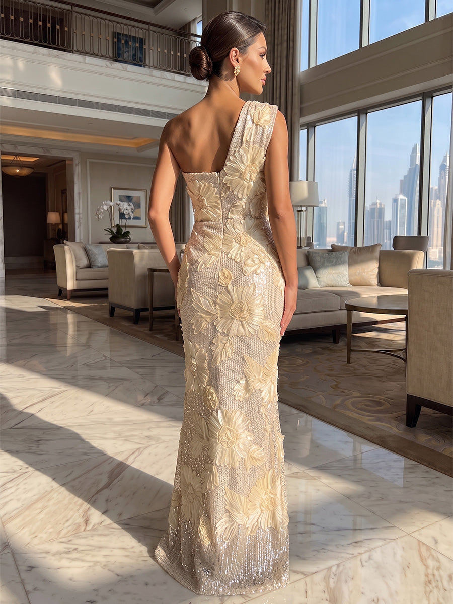 Sequin Sheath/Column One Shoulder Maxi Evening Dresses with 3D Floral Appliques