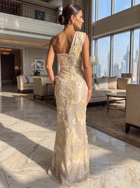 Sequin Sheath/Column One Shoulder Maxi Evening Dresses with 3D Floral Appliques