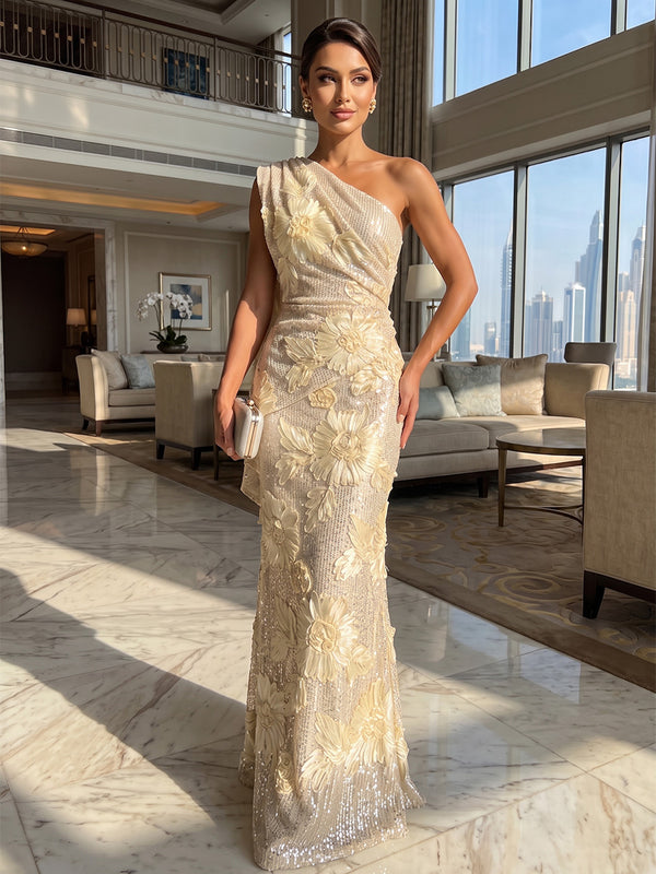 Sequin Sheath/Column One Shoulder Maxi Evening Dresses with 3D Floral Appliques