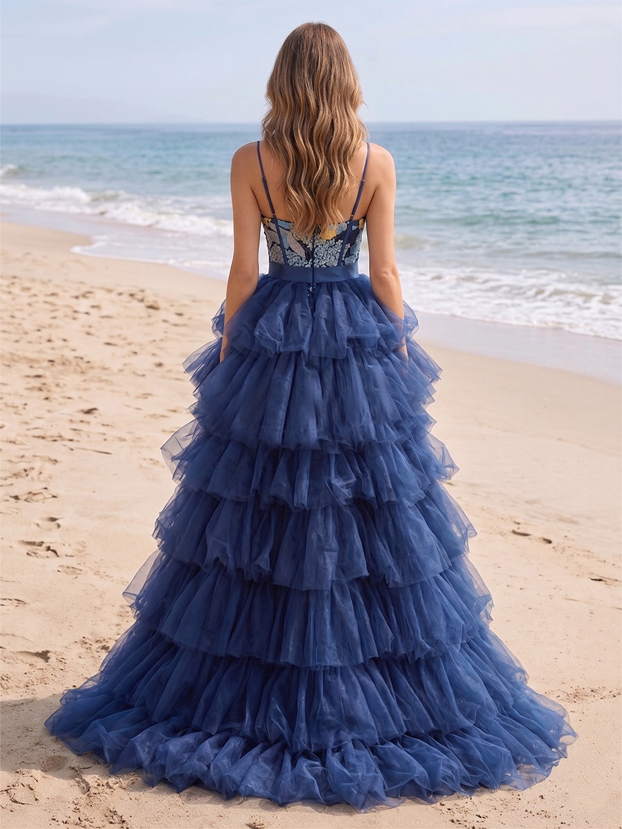 Sequin Floral Sheath/Column Spaghetti Straps Maxi Evening Dresses with Tiered Tulle Sweep Train