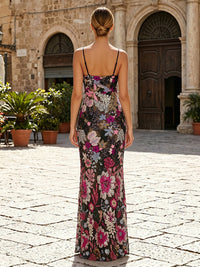 Sequin Floral Sheath/Column Spaghetti Straps Maxi Evening Dresses with Slit