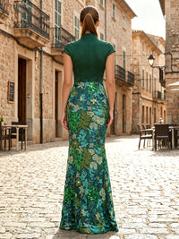 Sequin Floral Sheath/Column V-Neck Maxi Evening Dresses with Satin Bodice