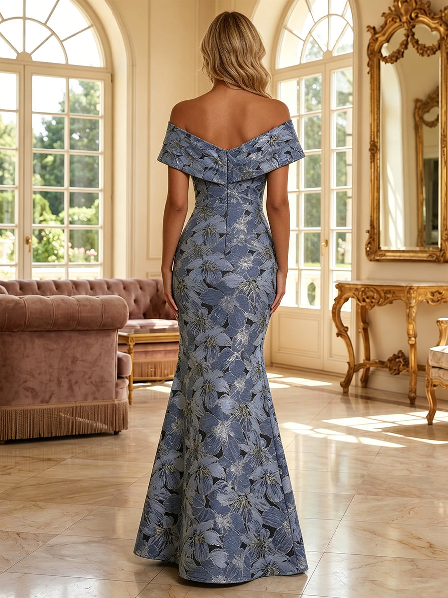 Jacquard Mermaid/Trumpet Off Shoulder Maxi Evening Dresses with Ruched Waist