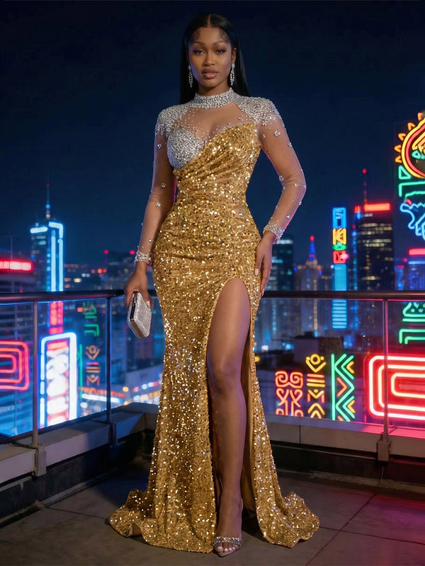 Sequin Sheath/Column High Neck Maxi Evening Dresses with Rhinestones, High Slit & Sweep Train