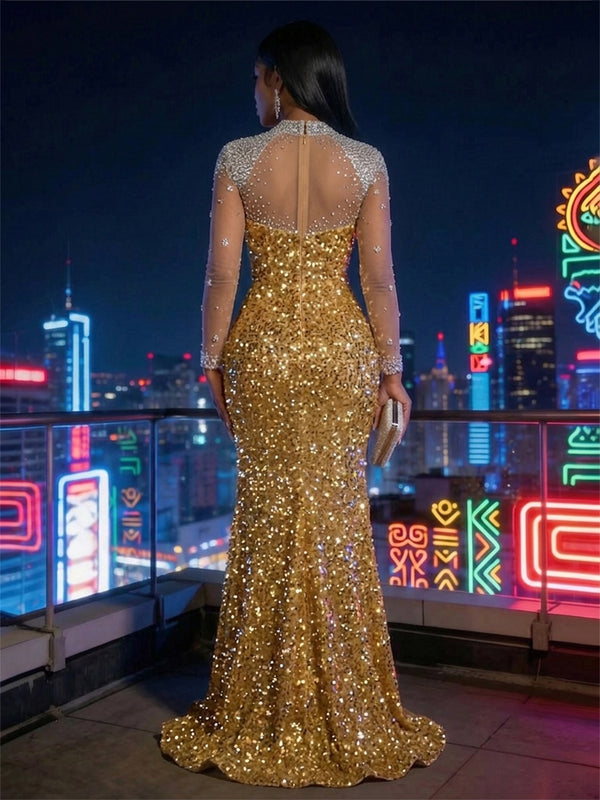 Sequin Sheath/Column High Neck Maxi Evening Dresses with Rhinestones, High Slit & Sweep Train