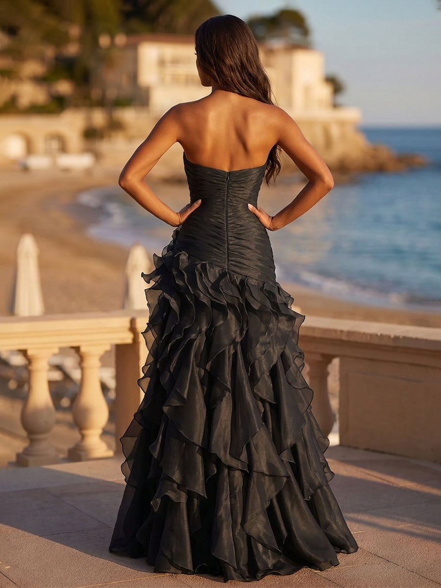 Organza A-Line/Princess Strapless Maxi Evening Dresses with Tiered Layers & Ruffles