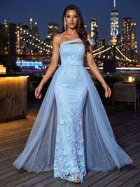 Sheath/Column One Shoulder Lace Appliques Maxi Evening Dresses with Cape