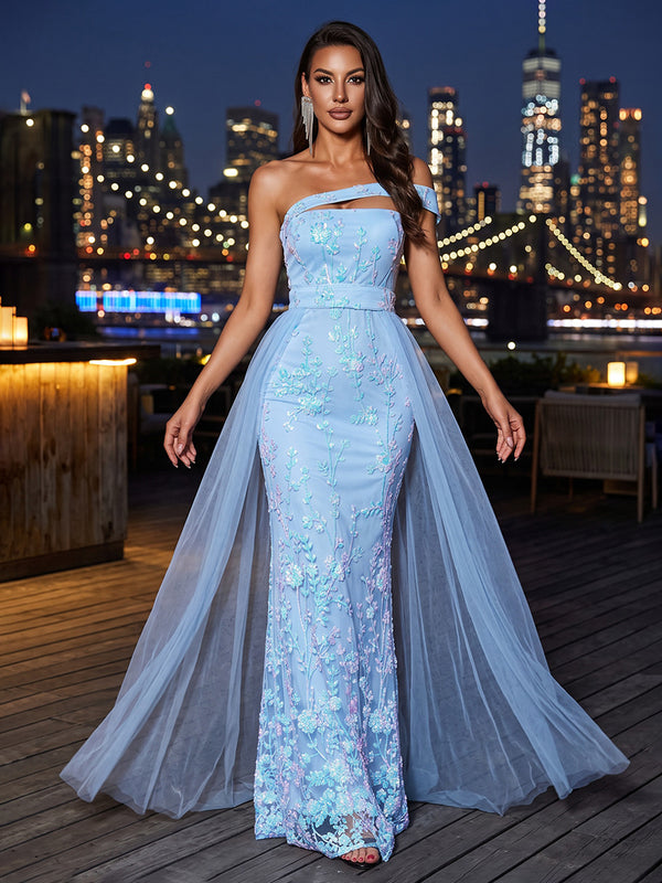 Sheath/Column One Shoulder Lace Appliques Maxi Evening Dresses with Cape
