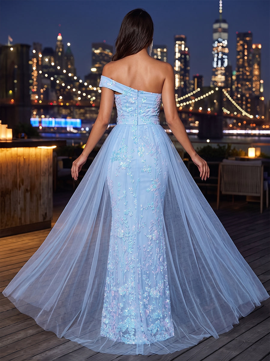 Sheath/Column One Shoulder Lace Appliques Maxi Evening Dresses with Cape