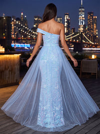 Sheath/Column One Shoulder Lace Appliques Maxi Evening Dresses with Cape