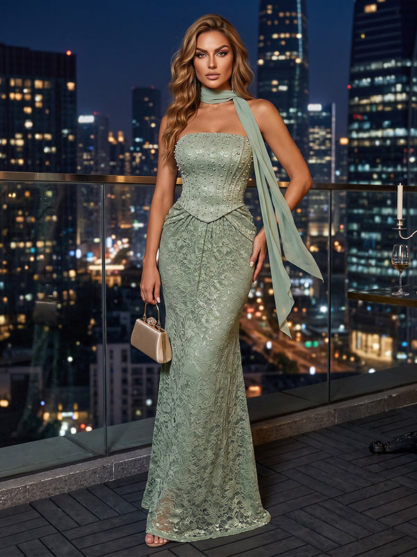 Sheath/Column Strapless Lace Maxi Evening Dresses with Corset Bodice