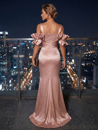 Mermaid/Trumpet Off Shoulder Satin Maxi Evening Dresses with Ruffles & Slit