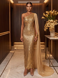 Sheath/Column One Shoulder Sequin Maxi Evening Dresses with Side Draped Sash