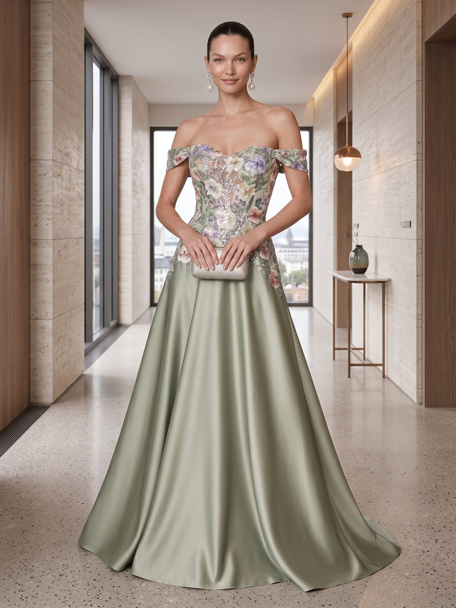 A-Line/Princess Off Shoulder Satin Maxi Evening Dresses with Sequin Floral Bodice & Sweep Train