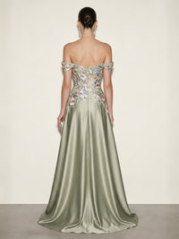 A-Line/Princess Off Shoulder Satin Maxi Evening Dresses with Sequin Floral Bodice & Sweep Train